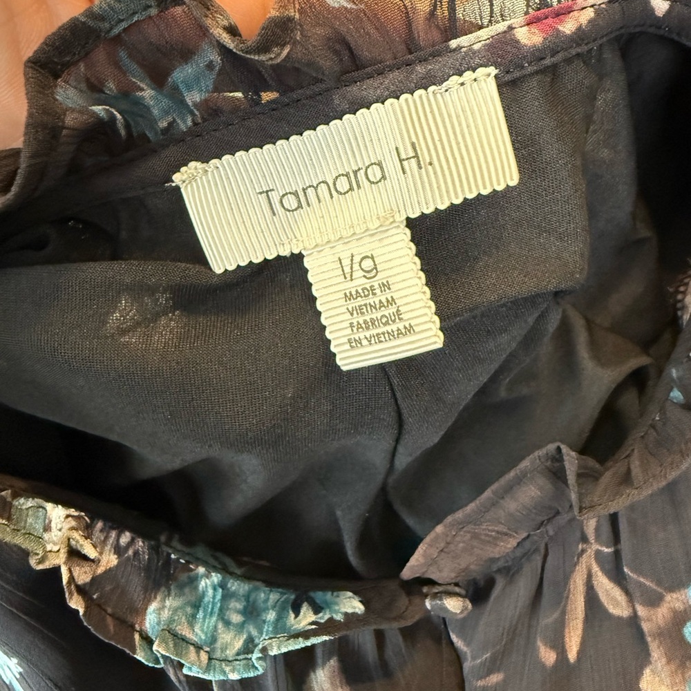 Tamara H Black Floral Sheer Smocked Ruffle Button Blouse L Cottagecore‎ Feminine - Picture 4 of 9
